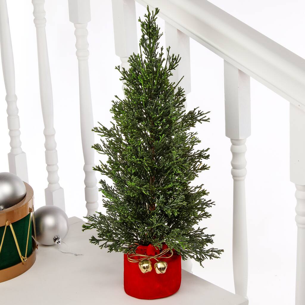 19" Natural Touch Cedar Tree In Velvet Sack W/ Bells
