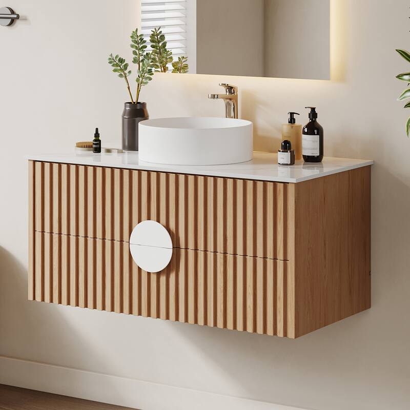 35.43" Floading Single Bathroom Vanities, with 2 Drawers, Glossy Sintered Stone Top, Light Wood - Stainless Steel Finish/Wood Finish/Glossy - Light Wood