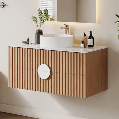 35.43" Floading Single Bathroom Vanities, with 2 Drawers, Glossy Sintered Stone Top, Light Wood