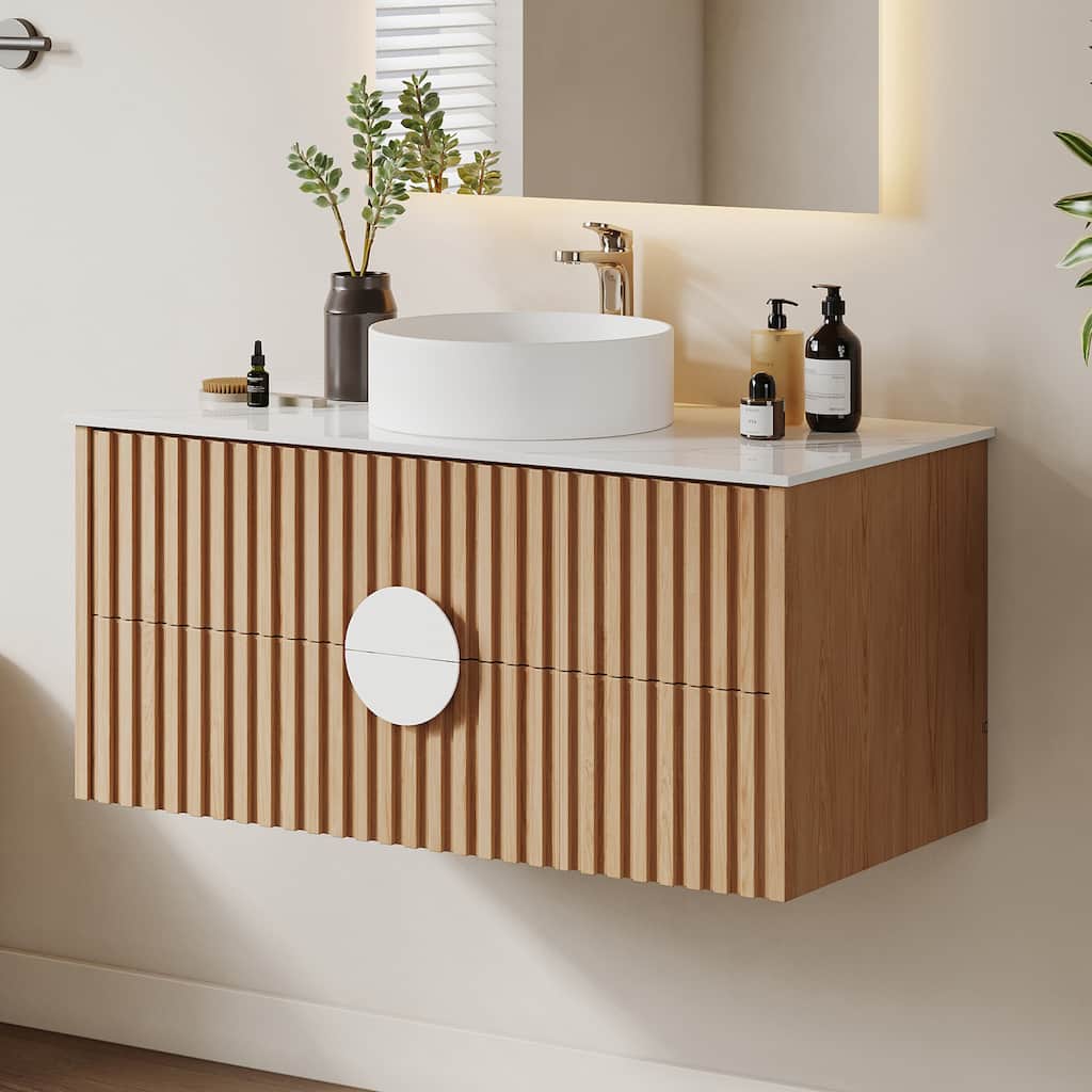 35.43" Floading Single Bathroom Vanities, with 2 Drawers, Glossy Sintered Stone Top, Light Wood