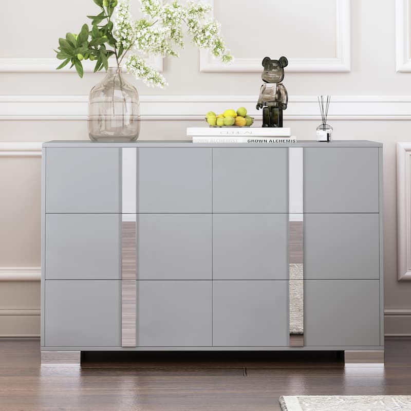 Elegant Modern Dresser With Metal Handle,Mirrored Storage Cabinet With 6 Drawers - Gray