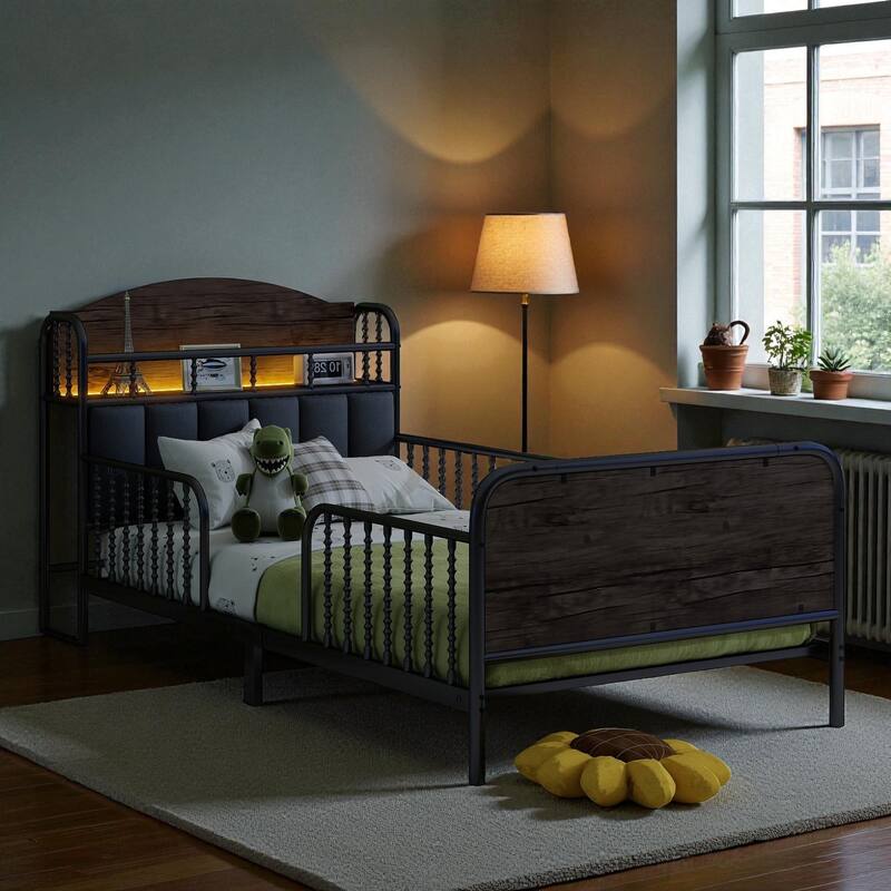 Twin/Full Size Metal Platform Bed with LED Lights and Upholstered Headboard, Kids Bed Frame with Storage Shelf