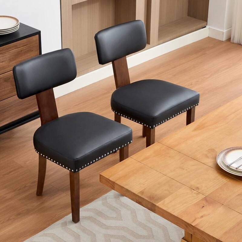Set of 2 Modern Leather/Linen Dining Chairs - Curved Backrest w/Hardwood Frame