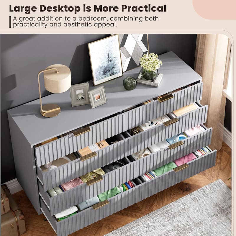 8 Drawer TV Stand Dresser, White Modern Storage Cabinet with Wide Top and Deep Drawers for Living Room, Bedroom, Hallway