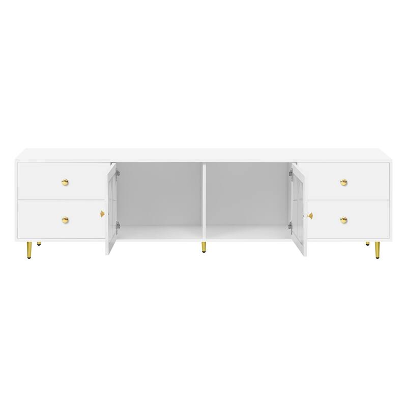 70.9" TV Stand with Glass Doors and 4 Drawers with Adjustable Legs