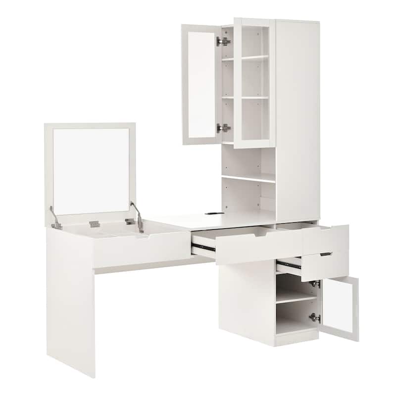 Computer Desk, Home Office Desk with 2 Drawer and Bookshelf, L Shaped Gaming Desk with Mirror and Charging Station