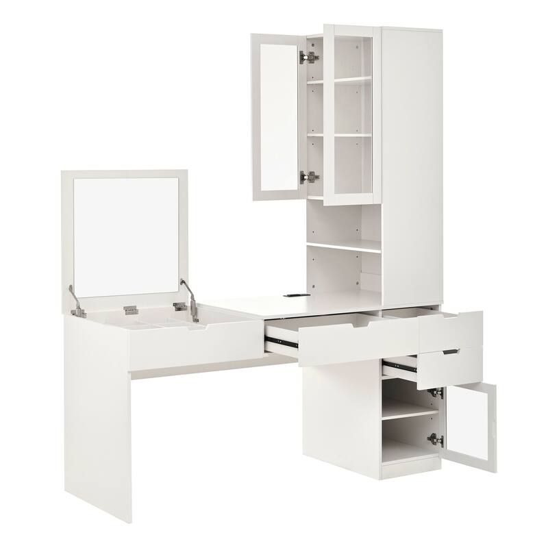 Makeup Vanity Desk with Mirror & Charging Station – Dressing Table with 8 Hidden Compartments, 3 Drawers & 2 Cabinets