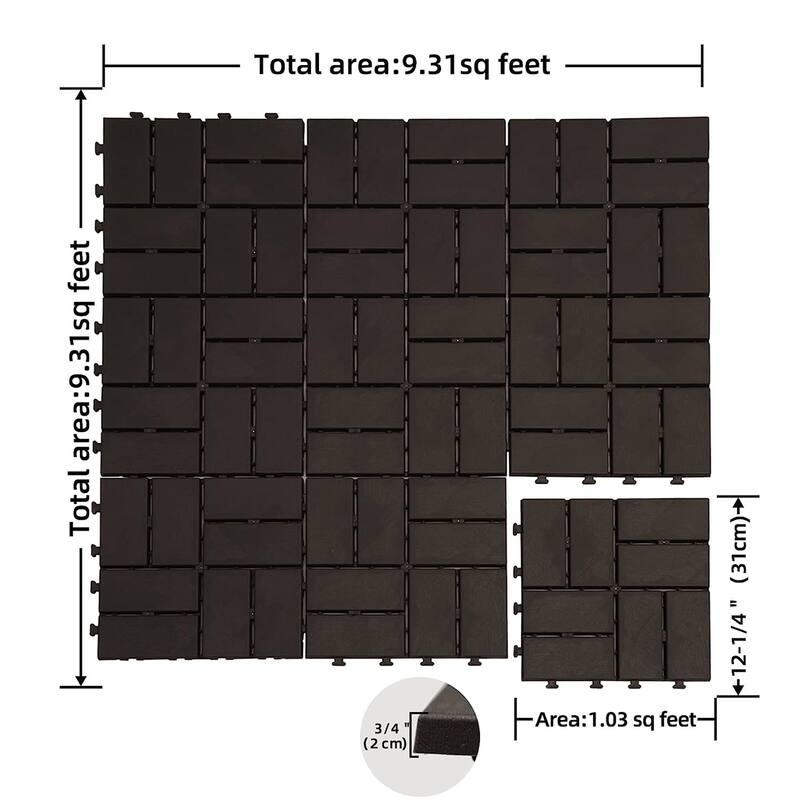 9 Pack Patio Interlocking Deck Tiles 12"x12" Square Composite Decking Tiles Check Plastic Outdoor Flooring Tile