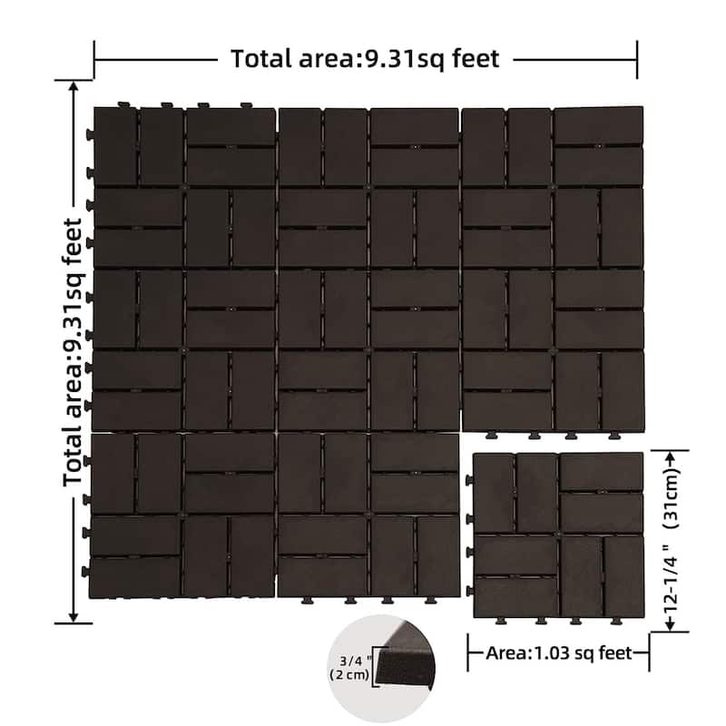 Patio Interlocking Deck Tiles, 12"x12" Square Composite Decking Tiles, Four Slat Plastic Outdoor Flooring Tile All Weather