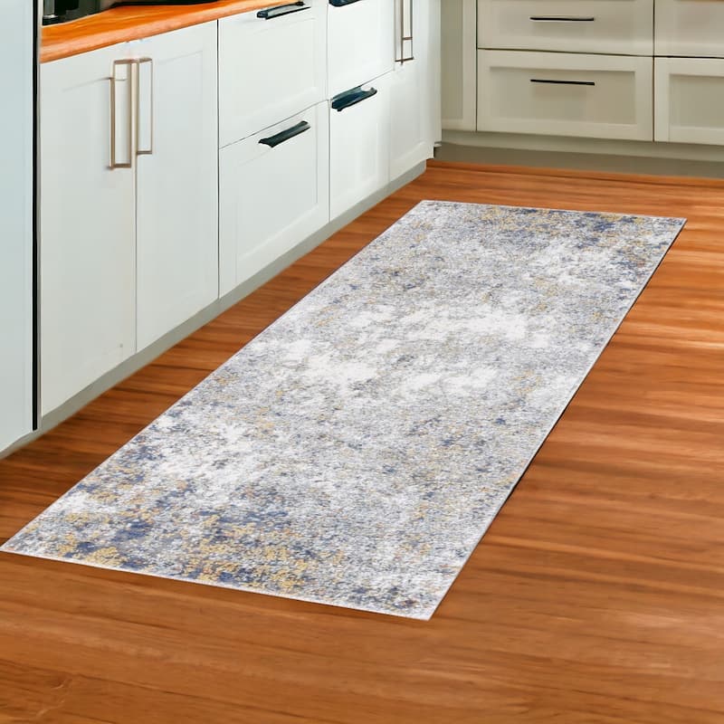 Peyi Power Loomed Abstract Modern Durable Area Rug By HomeRoots - 96' X '30' X '0.4 - 96' X '30' X '0.4 - Ivory Blue and Yellow - Runner