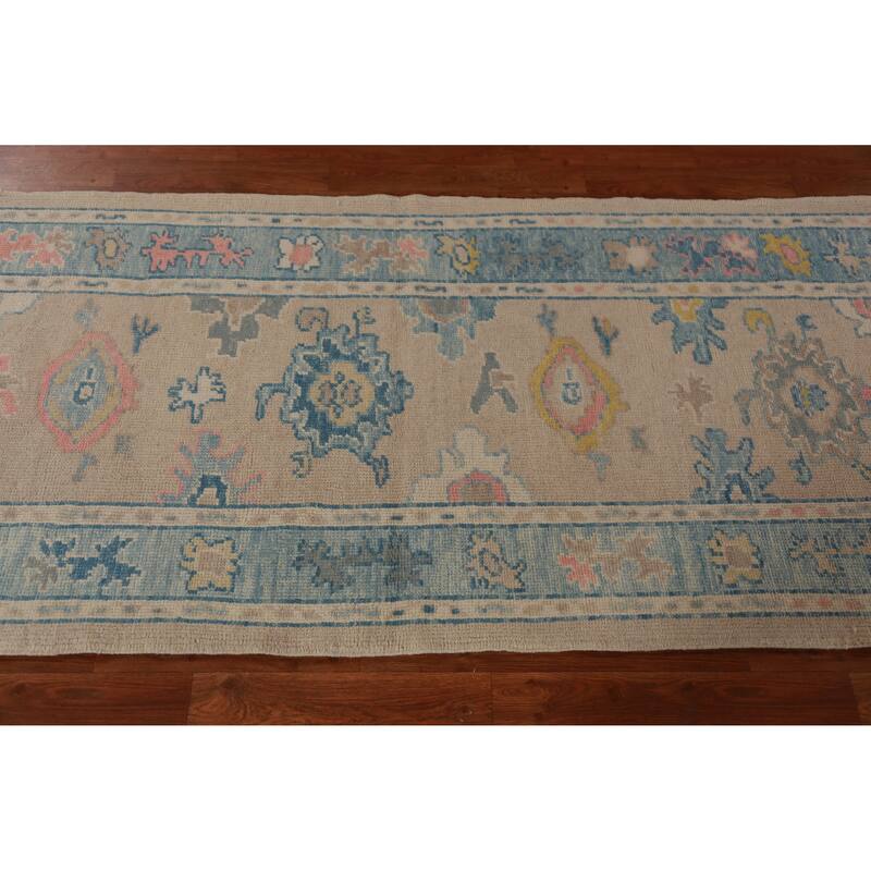 Hand Knotted Oriental 100% Wool Carpet Transitional Floral Beige & Ivories Oushak Runner Rug - 13' 2'' X 3' 2''