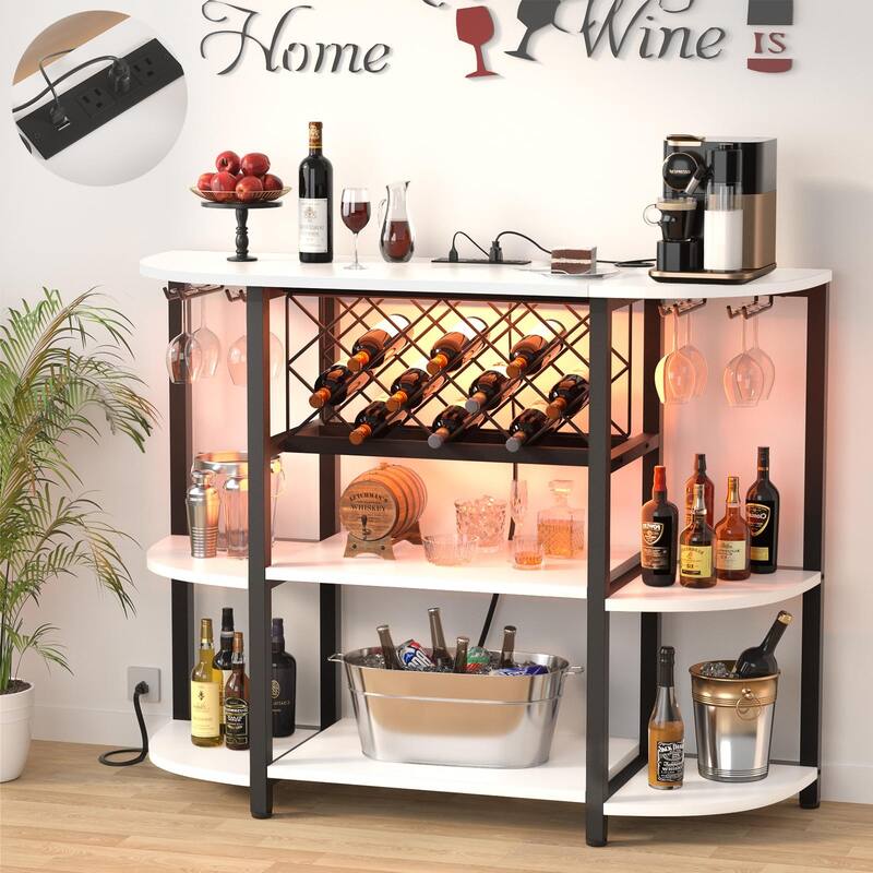 4-Tier Wine Bar Cabinet with Outlet and LED Light,Freestanding Bar Table with Glass Holder and Wine Storage