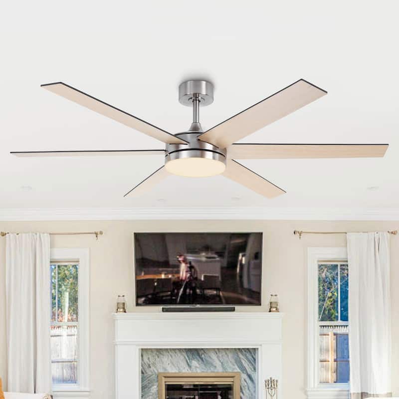 Vaczon 60-in Modern Brushed Nickel Wood Large Remote Indoor Smart Ceiling Fan with Light and APP