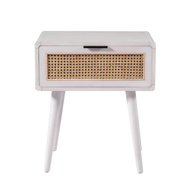 Camy Side End Table, Natural Brown Cane Woven Drawer, White 22 Inch