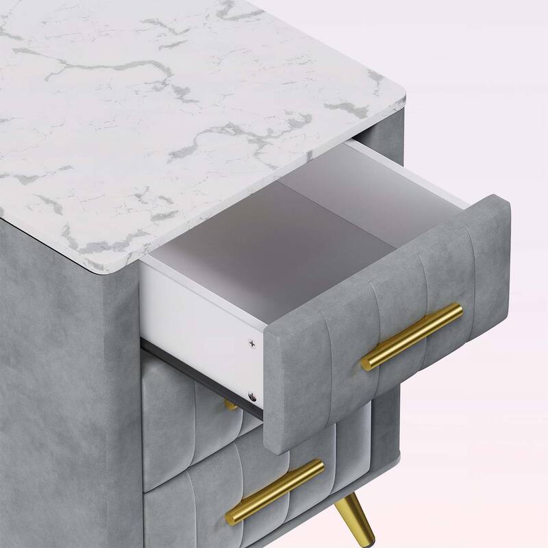 Stylish Design Upholstered Nightstand with 3 Drawers and Metal Legs & Handles