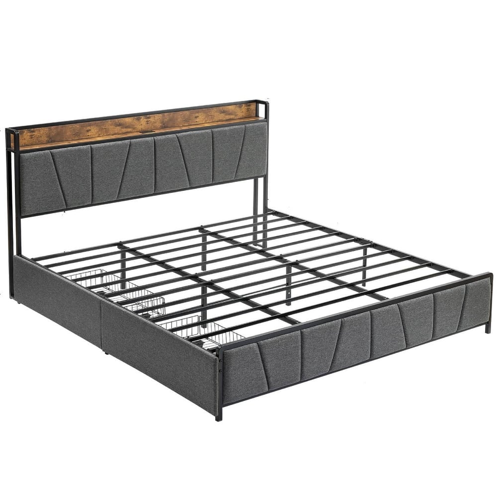 Linen Upholstered Platform Bed Frame with Drawers, Storage Headboard