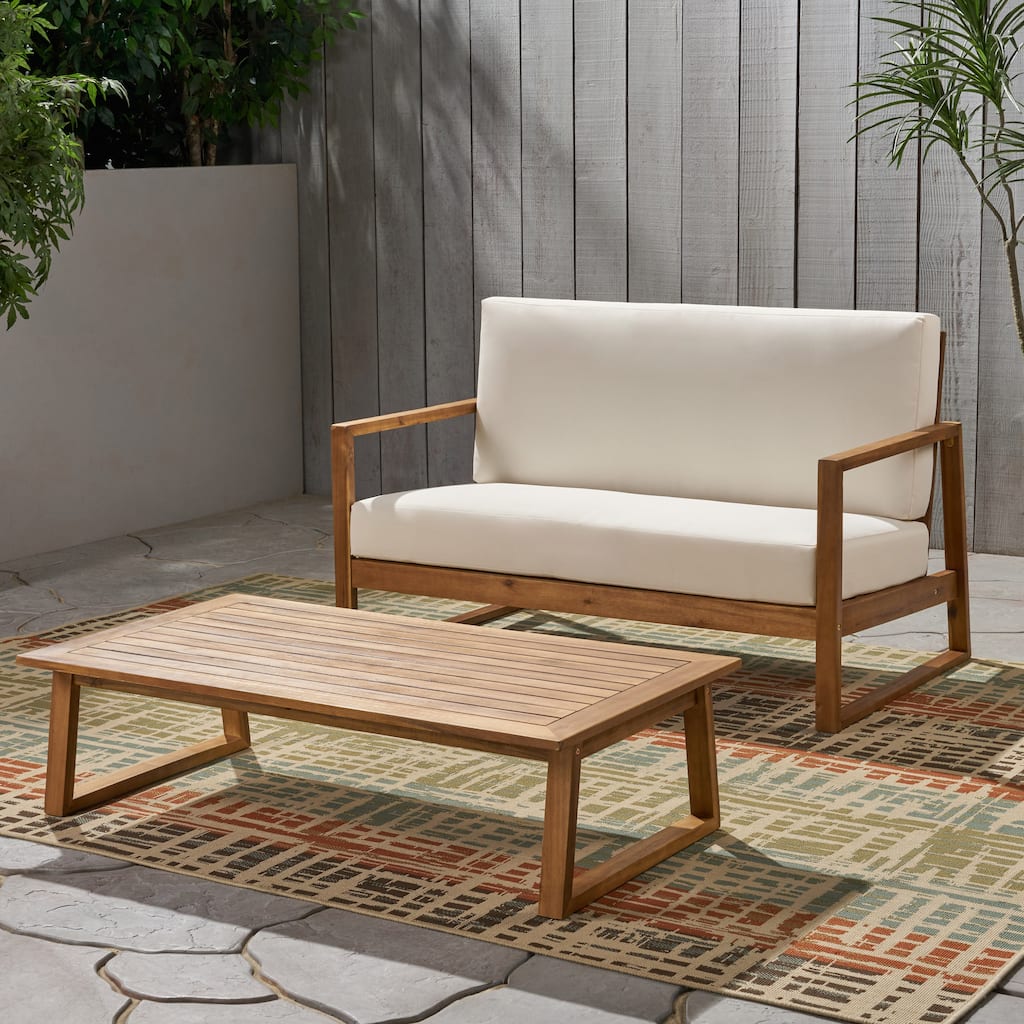 Roomfitters Belgian Outdoor Loveseat and Coffee Table Set, Modern Patio Furniture, Durable Acacia Wood Frame