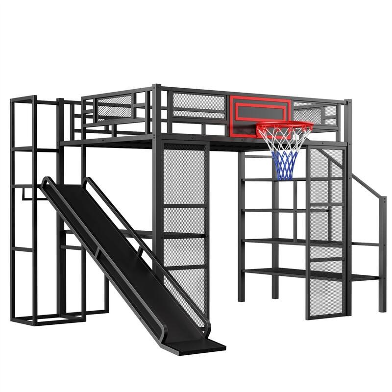 Metal Loft Bed with Bulit-in Desk, Slide and Open Wardrobe, Full Size Loft Bedframe with Storage Staircase and Basketball hoop