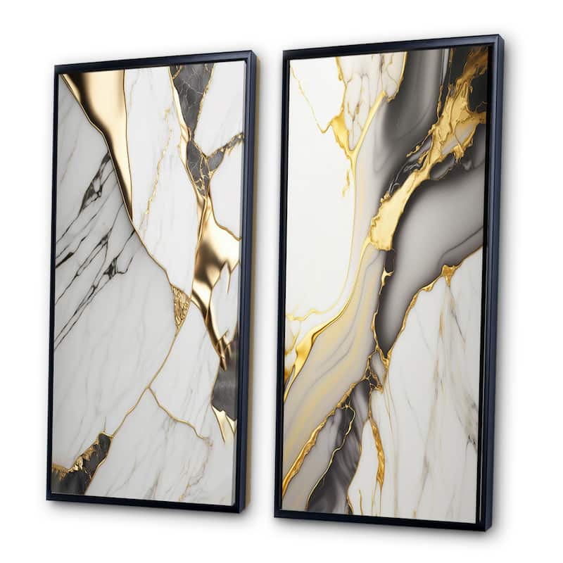 Designart "Abstract Geode Marble White And Gold" Abstract Marble Framed Canvas Set Of 2 For Living Room Decor