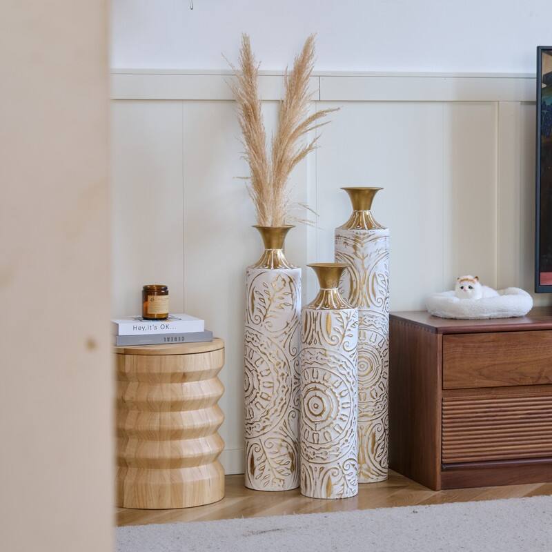 Floor Metal Vases Decorated White Metal vases Set of 3 gorgeous home decoration large glazed metal vases