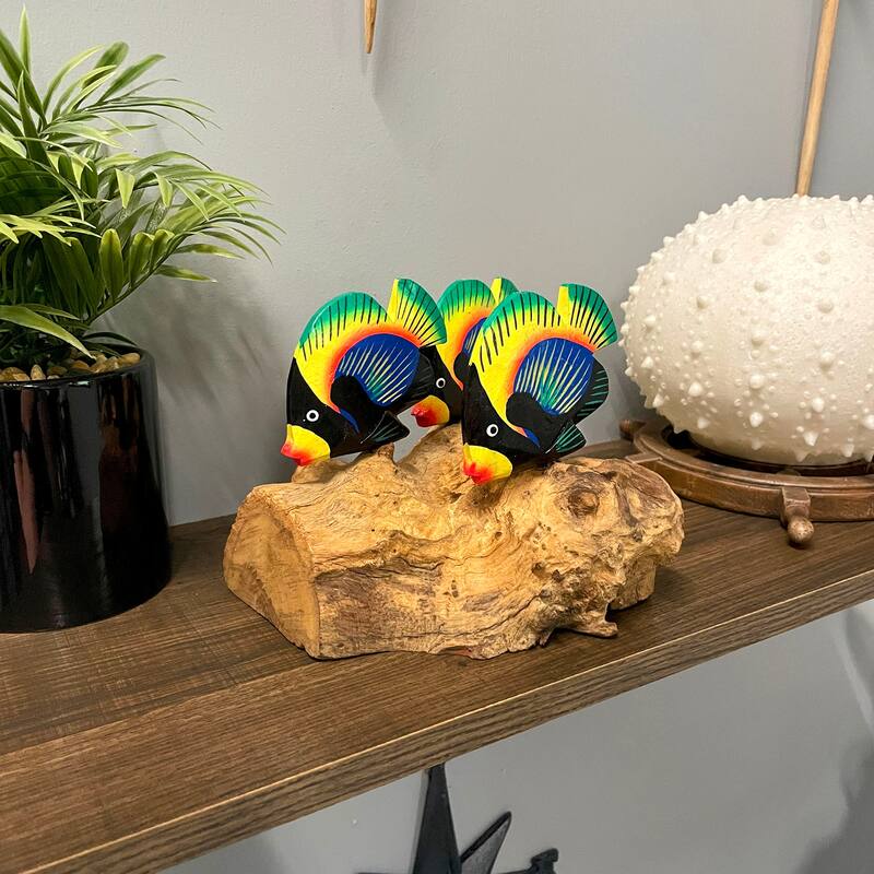 Handcrafted Driftwood & 3 Tropical Fish Sculpture Coastal Nautical - 6 X 7.5 X 7 inches