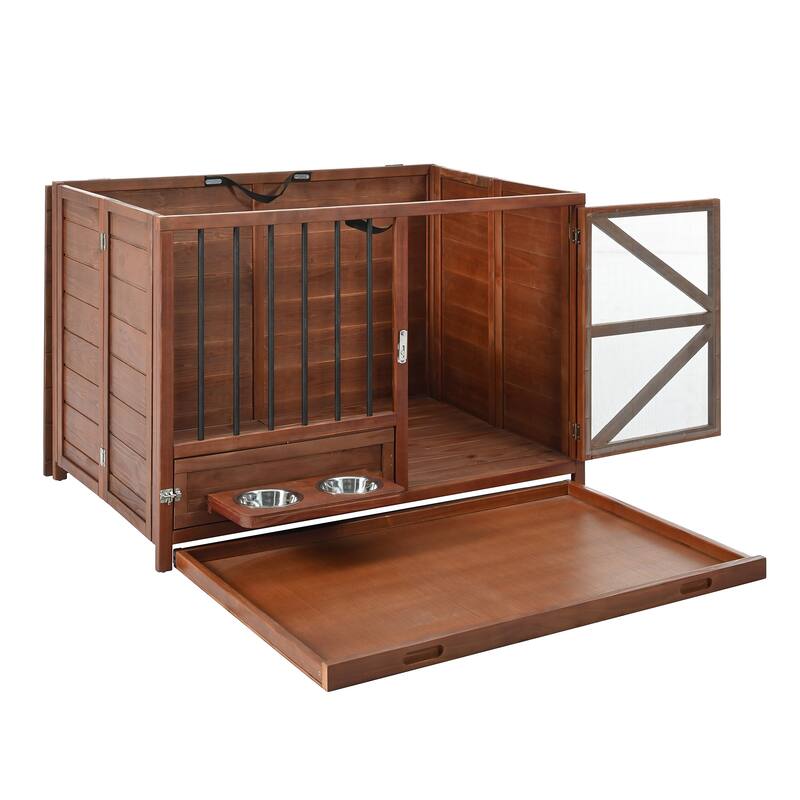 43" Solid Wood Dog Crate Furniture, Foldable Indoor Kennel with 360 Rotating Feeder for Small & Medium Dogs