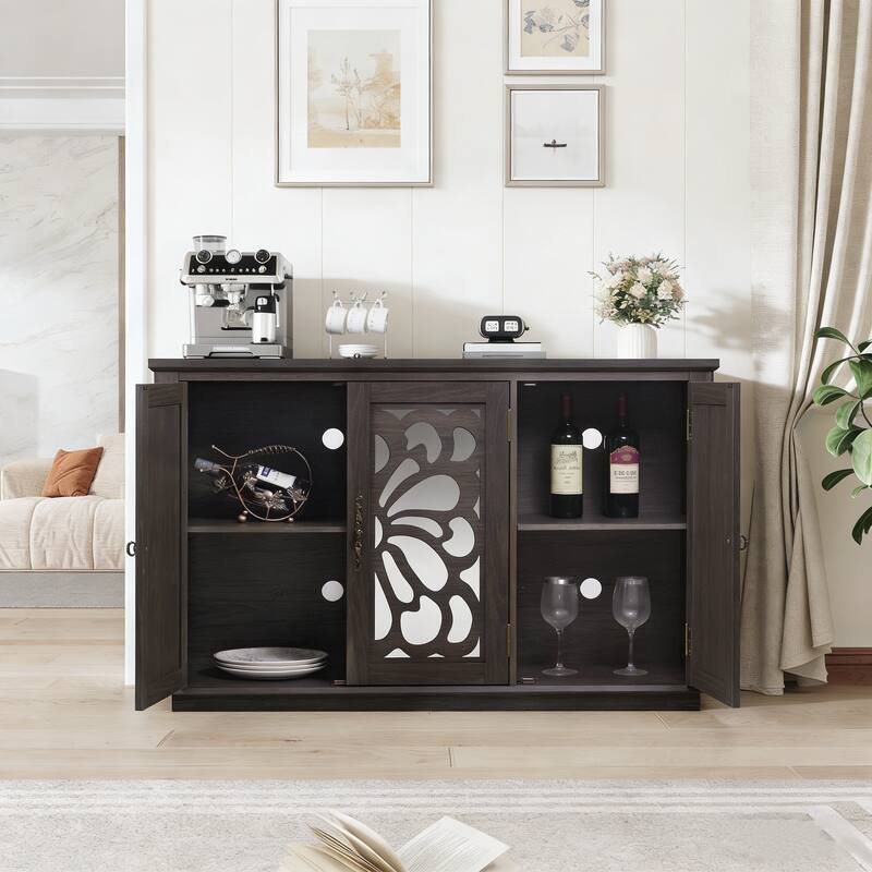 Anmytek 49" Brown Mirrored Door Sideboard Buffet Cabinet with Adjustable Shelves Spacious Storage for Living Room Kitchen