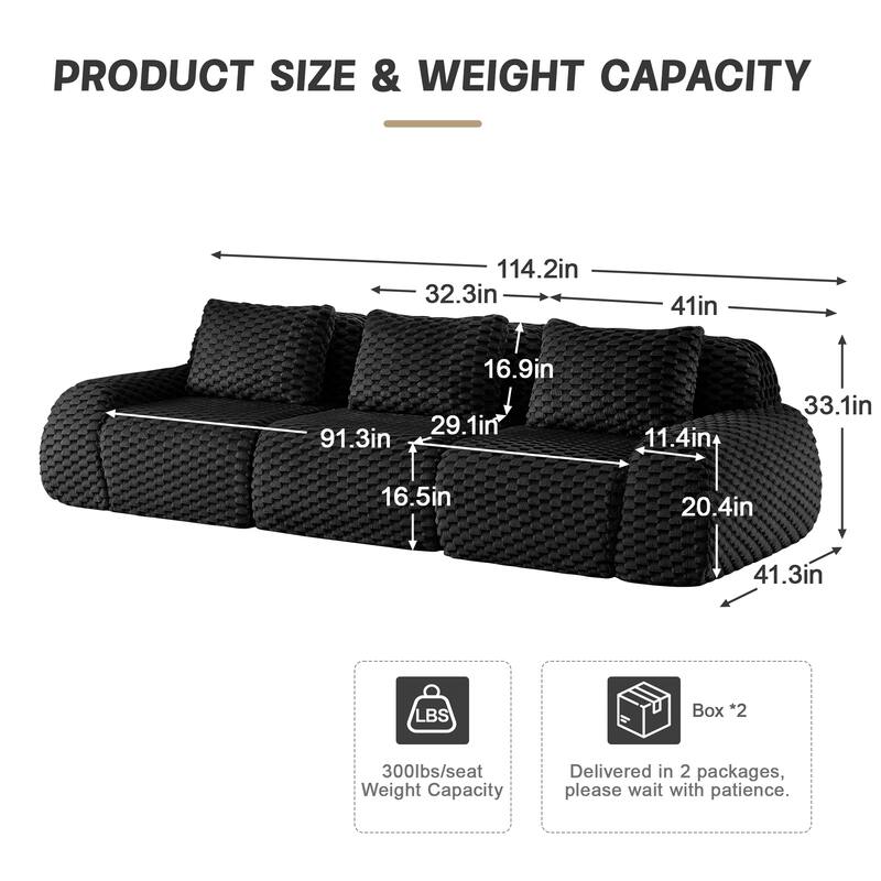 114" Modern Modular Sectional Sofa for Living Room,Boneless Sofa,Deep Seat,Buckle Connection,Anti-slip Design