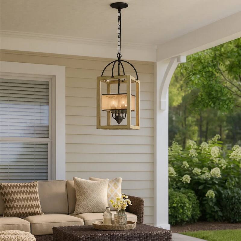 Acia 12 Inch Chandelier, Distressed Brown Organza Shade, Wood, Metal