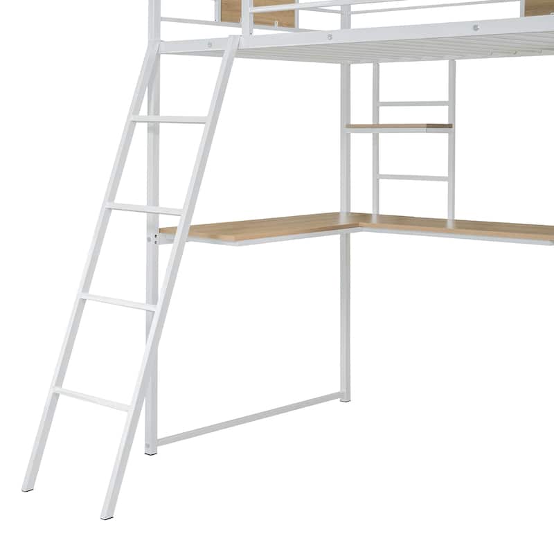 Twin Size Metal Wood Loft bed with L-shape Desk, Wardrobe, Fence and Ladder