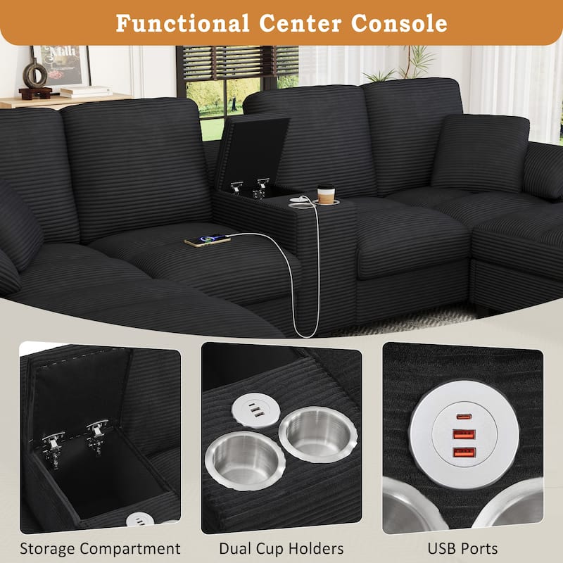 U-Shaped Corduroy Sectional with Hidden Storage, Center Console & USB Ports by Harper&Bright Designs