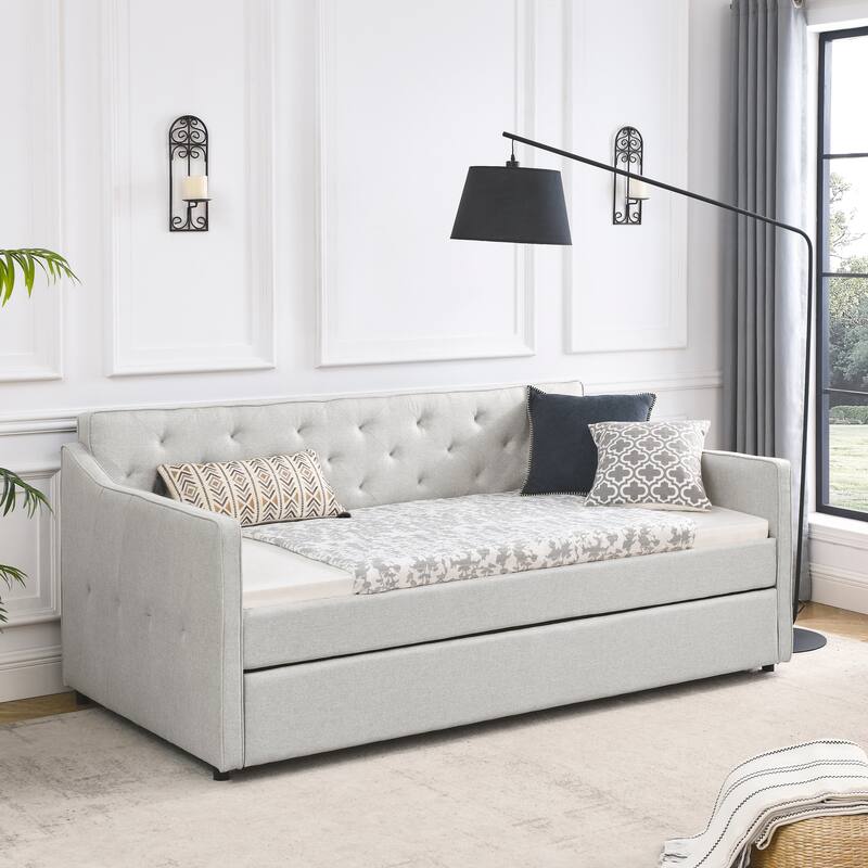 Roomfitters Twin Upholstered Daybed with Twin Trundle, Tufted Backrest and Elegant Waved Arms