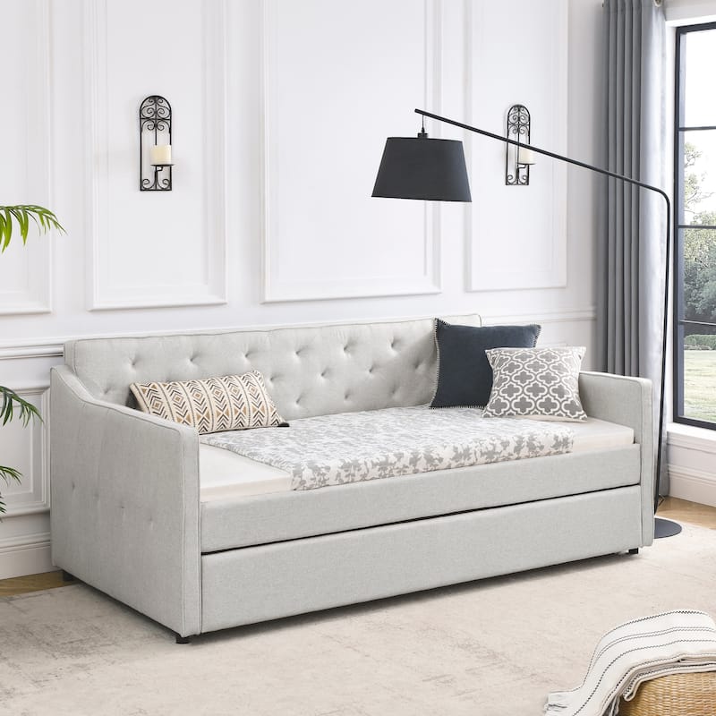 Twin Size Daybed with Twin Size Trundle Upholstered Tufted Sofa Bed,Waved Shape Arms(80.5"x44.5"x33.5")