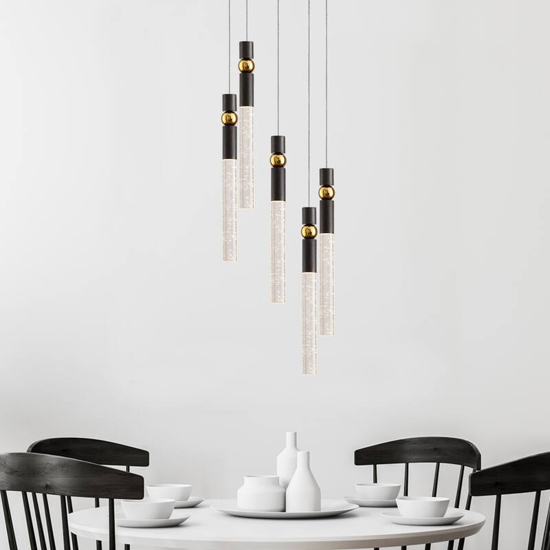 5-Light LED Crystal Pendant Light Fixture for Kitchen Island - Black Gold