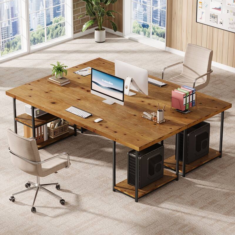 71 Inch Large Computer Desk with Shelves, Solid Wood Writing Desk for Home Office, Gaming