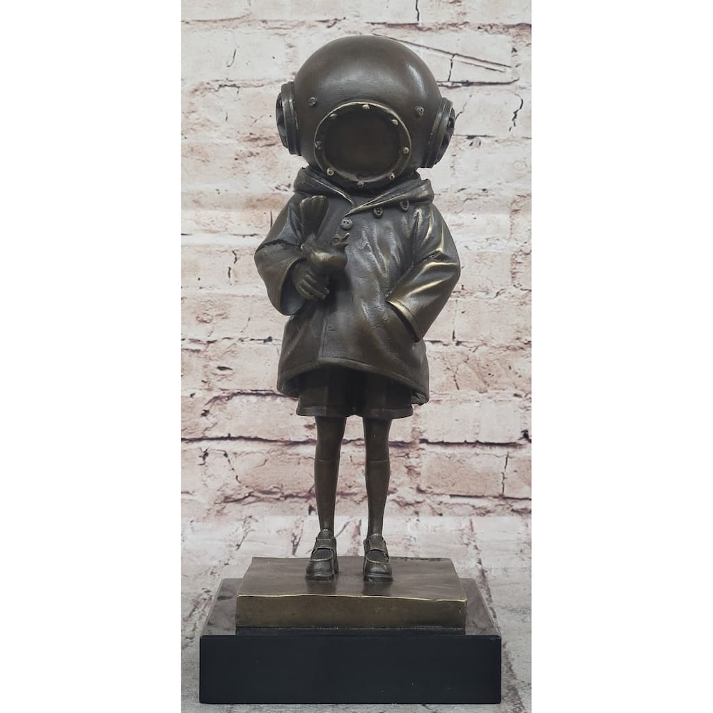 Space Girl And Bird After Banksy - Bronze Sculpture Statue On Marble Base