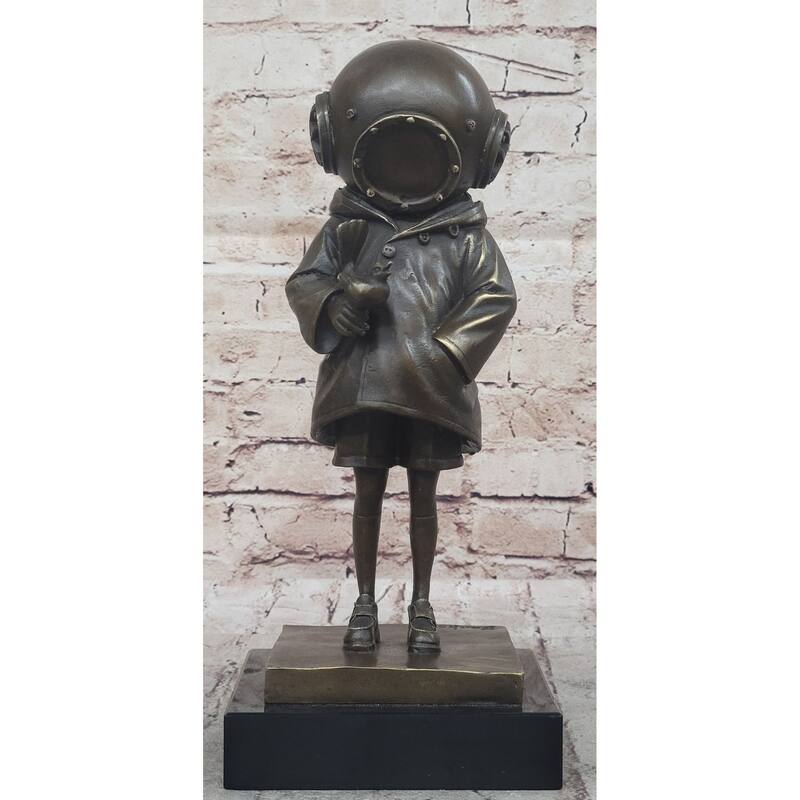 Space Girl And Bird After Banksy - Bronze Sculpture Statue On Marble Base