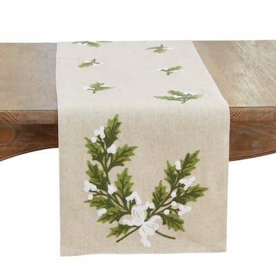 Linen Blend Holly Leaves Table Runner - 16"x70"