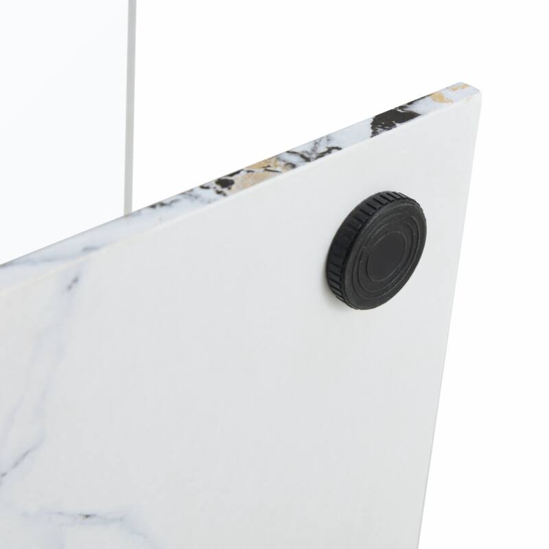 glass coffee table with marble patterned MDF legs and stainless steel decorative columns