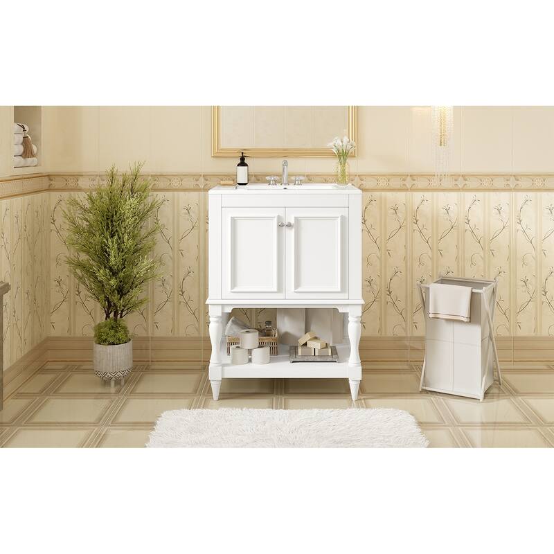 24 inch Modern Luxury Bathroom Vanity with Ceramic Sink, Bathroom Cabinet with Open Shelf and Closed Storage