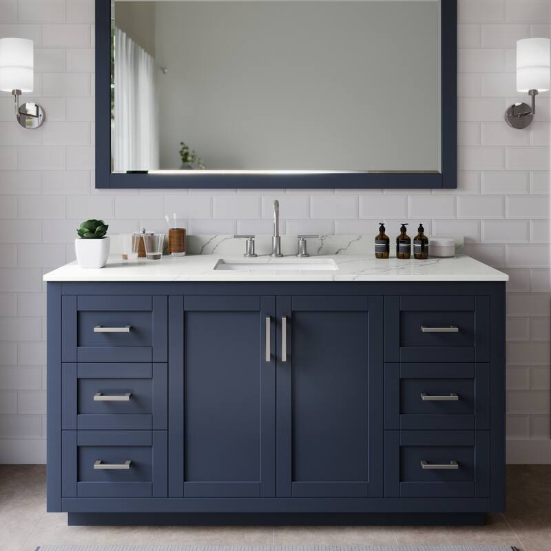 Wyndham Collection WCF292960S-QTZ-US3M58 Miranda 60" Free Standing - Dark Blue / Giotto Quartz Top / Brushed Nickel