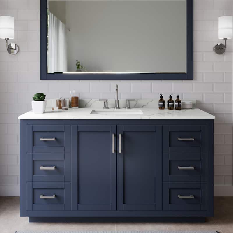 Wyndham Collection WCF292960S-QTZ-US3MXX Miranda 60" Free Standing - Dark Blue / Giotto Quartz Top / Brushed Nickel