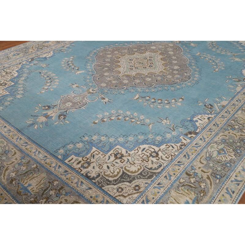 Light Blue Medallion Tabriz Persian Area Rug Hand-Knotted Wool Carpet - 9'10"x 12'10"