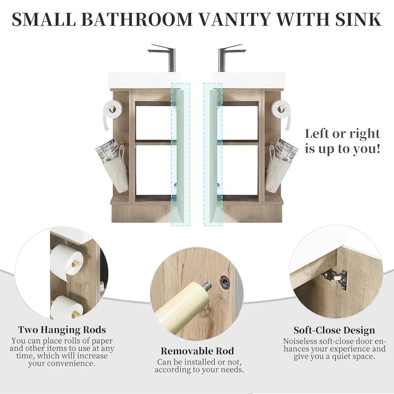 GDFStudio - Modern Compact Slim Bathroom Vanity with Stone Sink, Soft-Close Door & Dual Toilet Paper Holders for Small Bathroom