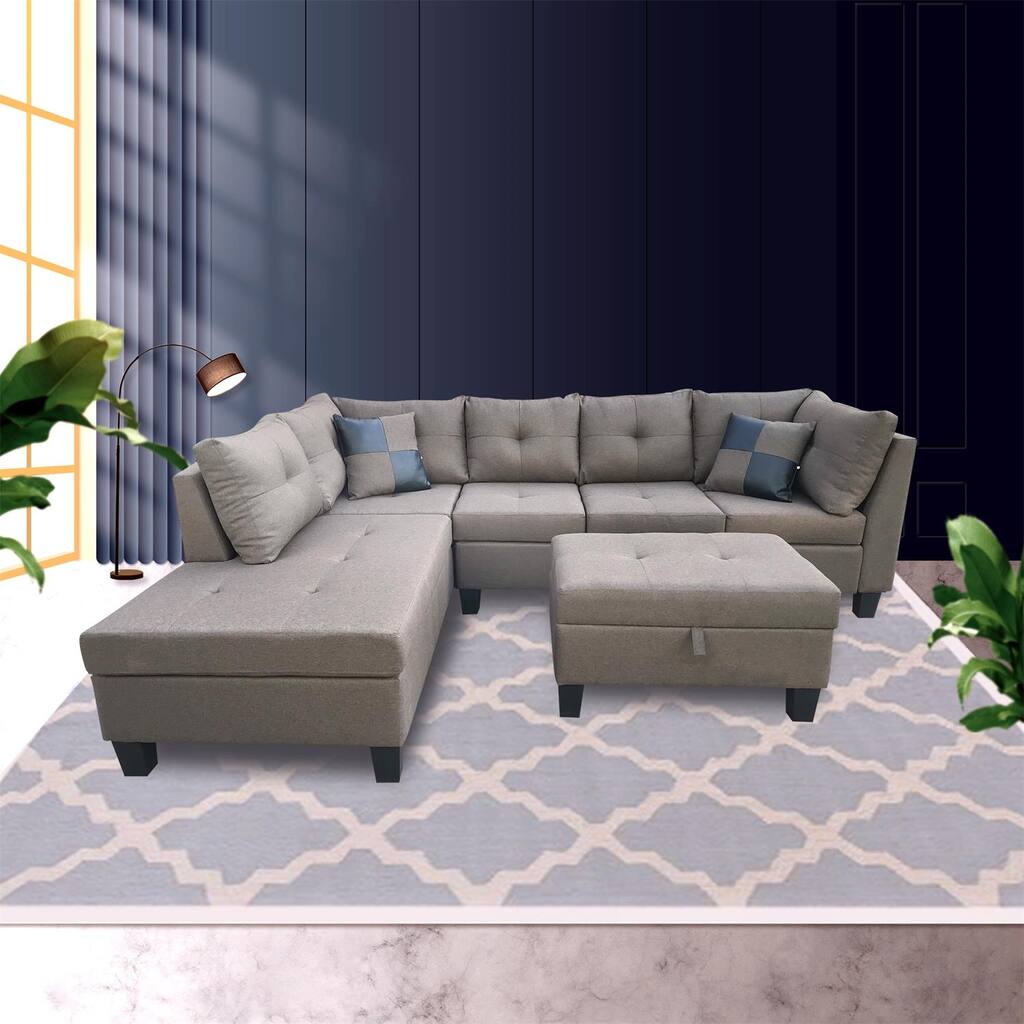 Reversible Sectional L-shape Sofa Cup Holders Design Couch with Storage Ottoman, 2 Pillows and 7 Back Cushions