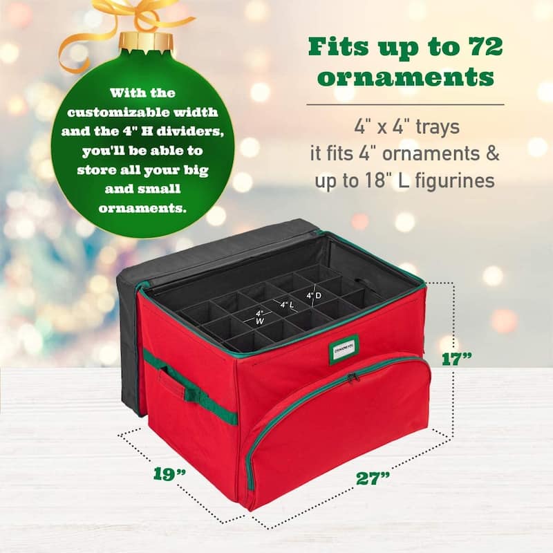 Deluxe Christmas Ornament Storage Box - Holds Up to 72 Ornaments 4” x 4”