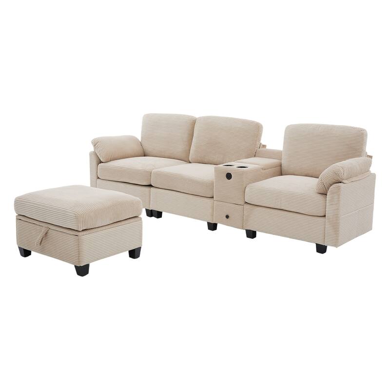 HOMEFUN Corduroy Upholstered L-Shaped 4-seater Storage Multifunctional Sectional Sofa with Storage Ottoman,Cup Holder and USB