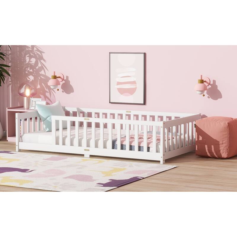 Roomfitters Twin Rubber Wood Floor Bed with Fence, Safety Guardrails, Low Profile Platform Design