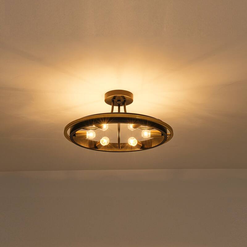 21.7" 6-Light Industrial Mette Black & Gold Wagon-Wheel Circle Ring Semi-Flush Mount Ceiling Light for Living Room, Kitchen