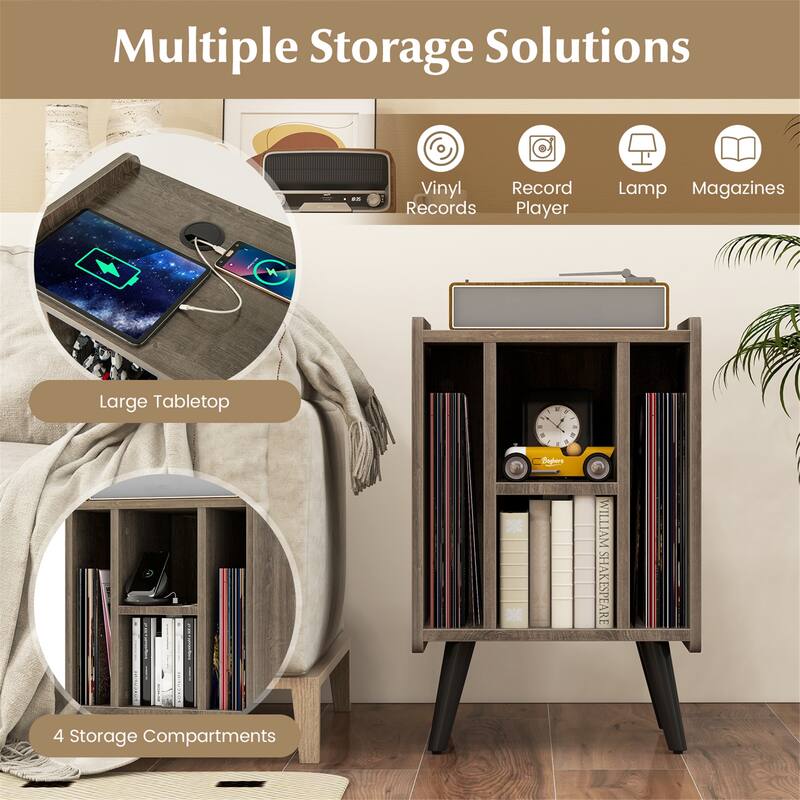 Gymax Record Player Stand w/ 4 Storage Compartments Supporting Legs